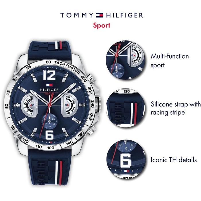 Чоловічий багатофункціональний кварцовий годинник Tommy Hilfiger з силіконовим ремінцем, індикацією дня та дати, водонепроникність 5ATM, Navy Silicone