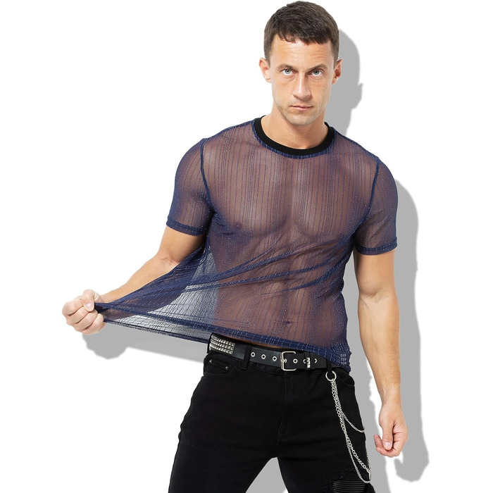 Прозора футболка Casey Kevin Herren з блискітками, короткий рукав, клубний стиль, синій (L)