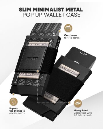 Слимок металевий картхолдер VULKIT Vc408 з Pop-Up механізмом, RFID-захистом та грошовим ремінцем, чорний
