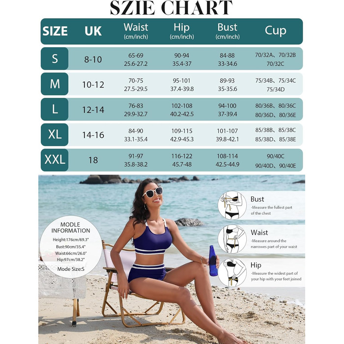 Бікіні Tuopuda з високою талією, спортивний двочастинний купальник, push-up, темно-синій (L)