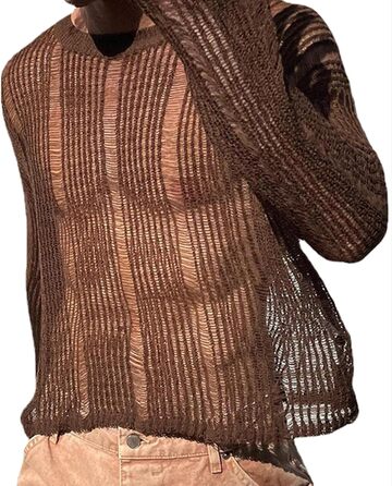 Чоловіча прозора сорочка AIEOE: мереживна сорочка з довгим рукавом для клубу, колір: коричневий