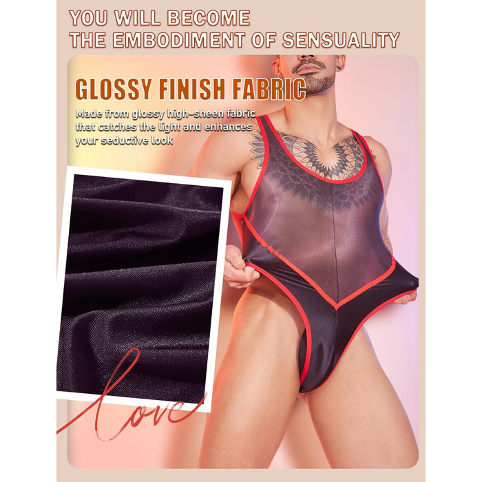 Боді для чоловіків AIEOE - сексуальний, прозорий боді, топ-майка, масло блиск, без рукавів, білизна, танга (червоний)