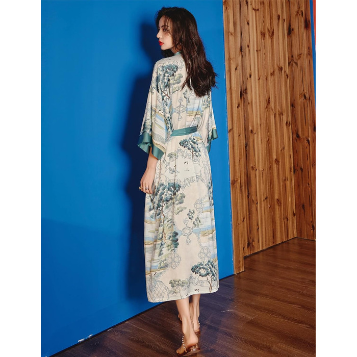 Жіночий халат з довгим рукавом з шовку, сатин, кімоно, квітковий принт, універсальний розмір