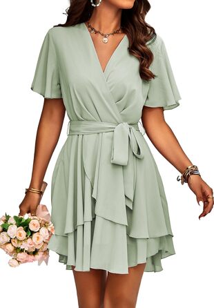 Жіноче шифонове міні-плаття з V-подібним вирізом, короткий рукав, літнє плаття-туніка, однотонне, елегантне, на зав'язки, з поясом, для вечірок та повсякденного носіння (5086-світло-зелений, M)