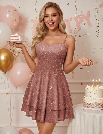 Сукня вечірня бальна для підлітків Meetjen, з бретелями, на вечірку, коротка, V-подібний виріз, силует А, сукня для випускного (S, Рожева)