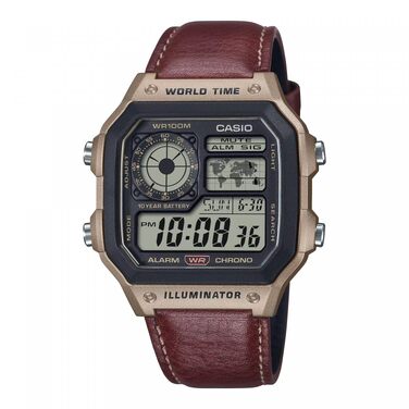 Чоловічий цифровий годинник Casio AE-1200WHL-5AVEF зі світовим часом та шкіряним ремінцем