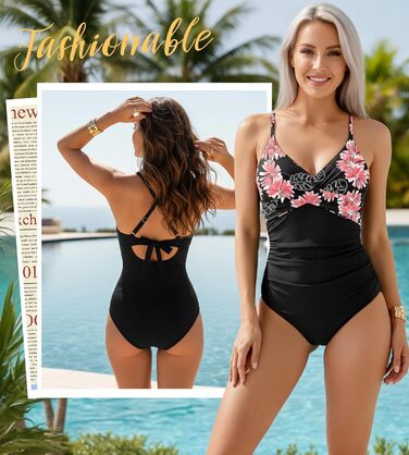 Купальник жіночий з ефектом корекції фігури Monokini V-подібний виріз Push-Up (Рожеві квіти, XL)
