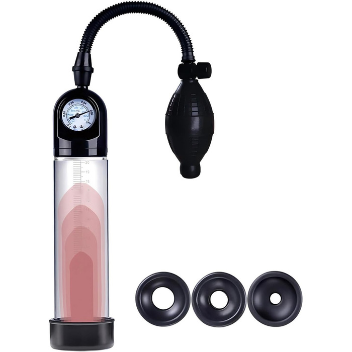 Ручний пеніс-насос з силіконовою іграшкою та 3 насадкою-рукавом. Манометр та шкала. Для збільшення та покращення ерекції. Іграшка для чоловіків.