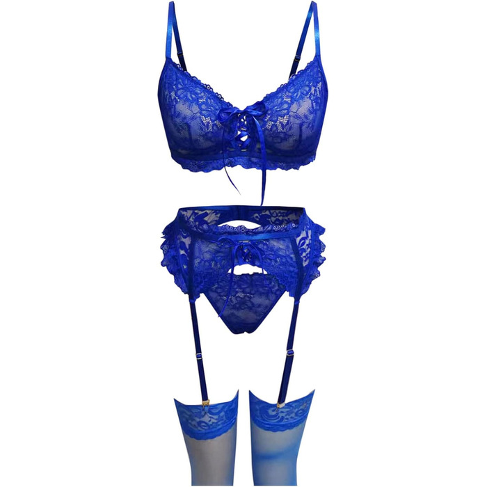 Сексуальний жіночий комплект спідньої білизни з стріжками: мереживний бюстгальтер push-up та труси G-string, висока талія, V-подібний виріз, блакитний, розмір XL