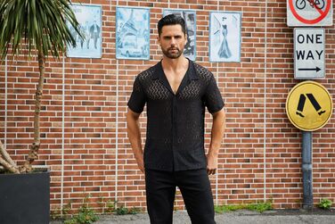 Чоловіча мереживна сорочка ABEHIK, чорна, з короткими рукавами, для вечірок та клубів