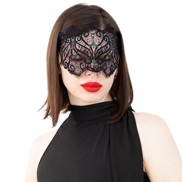 Чорна мереживна маска для жінок з кристалами - елегантна венеціанська маска для карнавалу, вечірки в готичному стилі, косплею, свята - ручної роботи (чорний колір, зелені стрази)