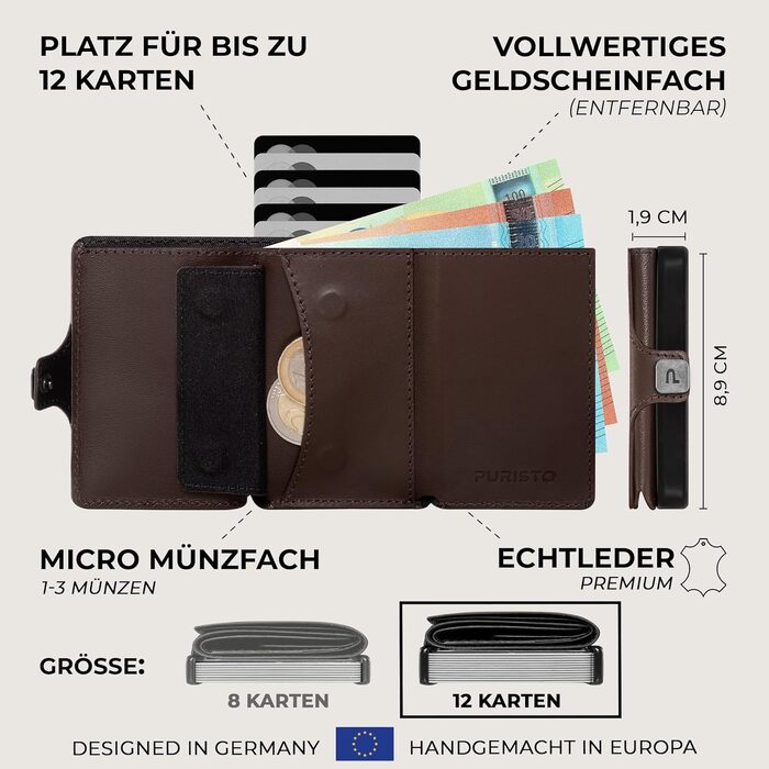 Шкіряний мінімалістичний гаманець KLIK Slim з монетницею та RFID захистом для чоловіків, темно-коричневий, на 10-12 карток