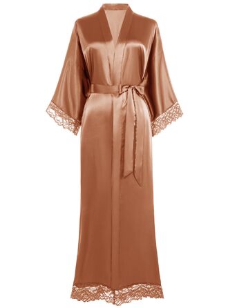 Халат жіночий довгий/короткий однотонний з мереживом, атласний, стиль кімоно, халат для дому, літній, універсальний розмір (карамель)