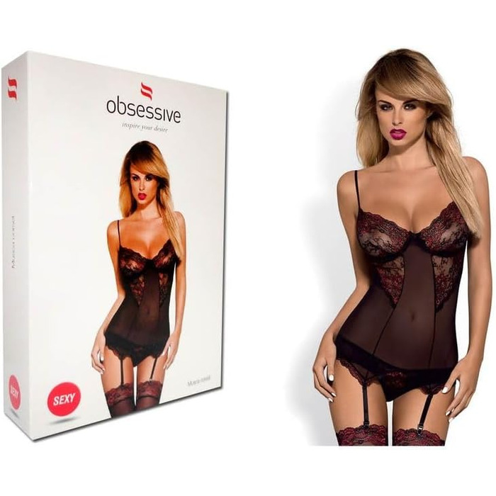 Елегантний комплект спідньої білизни Obsessive: корсет-боді з мереживом, стрінги та стріжки (XXL, чорно-бордовий)