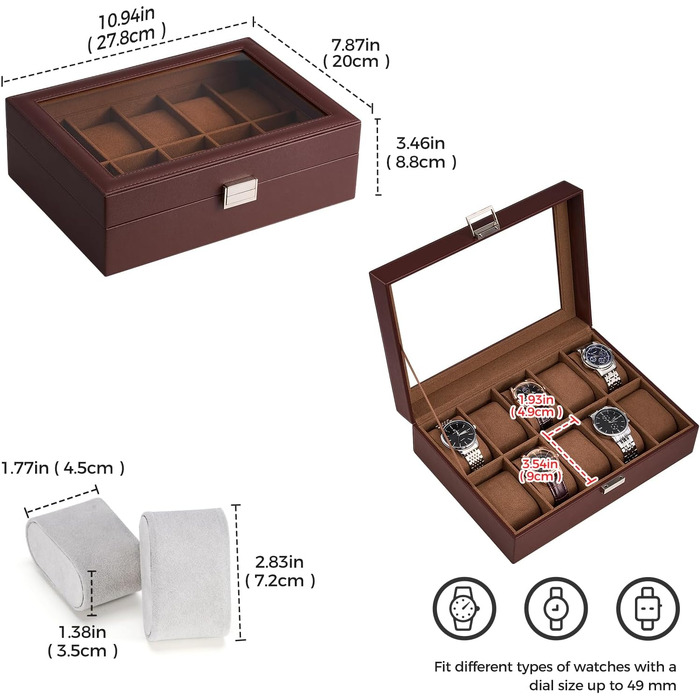 Бокс для годинників ProCase на 10 слотів із скляною кришкою, шкіряний футляр для зберігання годинників з подушками, коричневий