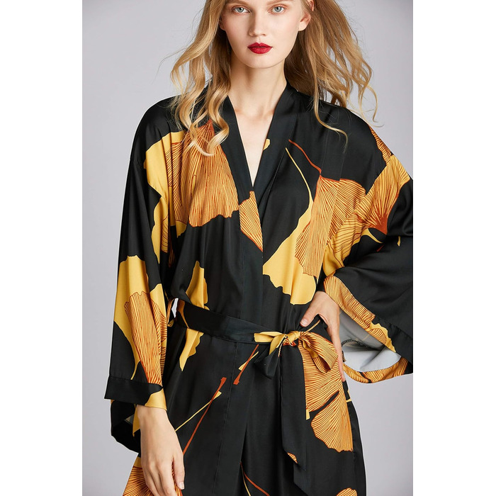 Жіночий халат-кімоно з довгим рукавом з атласу, принт листя гінкго, для нареченої/свідки, універсальний розмір, чорний