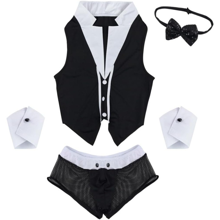 Костюм бармена Freebily 4шт: меш, боксери, краватка, жилет. Чорний. Еротичний костюм для рольових ігор, клубної моди. Розмір універсальний
