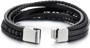 Чоловічий браслет COOLSTEELANDBEYOND з плетеної шкіри та напівдорогоцінних каменів, сталевий ланцюжок з магнітною застібкою, чорний