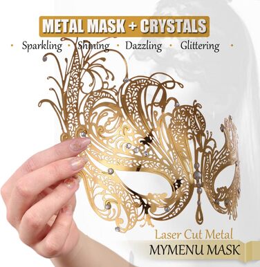 Маска для обличчя MYMENU для пар, жінок, металева, з стразами, венеціанська, для вечірок, весілля, балу (Золотий Фенікс + Чорне мереживо)
