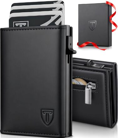 Тонкий чоловічий гаманець TENBST з RFID-захистом та монетницею, преміум шкіряний картхолдер на 10 карток, чорно-помаранчевий