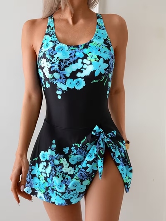 Коригуючий купальник-сукня Plus Size, чорний у квітку, розмір XL (42)