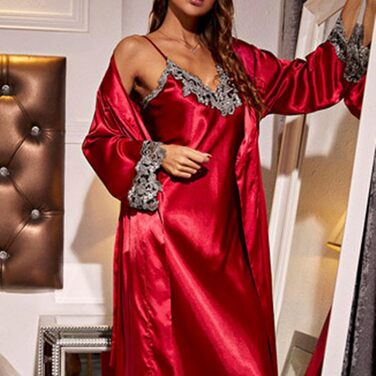 MILAX Комплект жіночої ніжної піжами з мереживом: нічна сорочка, халат, babydoll, халат-кімоно, червоний, XL