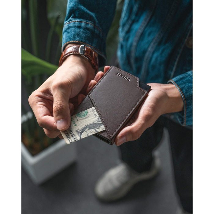 VULKIT Складаний картхолдер з RFID-захистом, тонкий алюмінієвий гаманець для кредитних карток, купюр та монет, темно-коричневий
