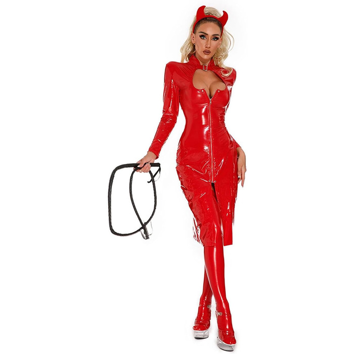 Сукня з латексу для жінок, червона, 3XL. Комплект з 4 частин: сукня, латексні панчохи, аксесуари. Еротичний костюм, мокрі ефекти, довгі рукави, лак та шкіра.