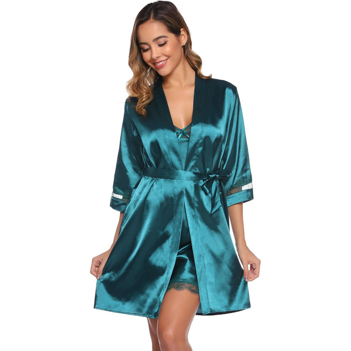 Сексуальний шовковий халат-кімоно Sykooria для жінок, комплект з 2 шт. (халат та нічне сорочка), V-подібний виріз, з поясом, для свята, білий/темно-зелений, XXL
