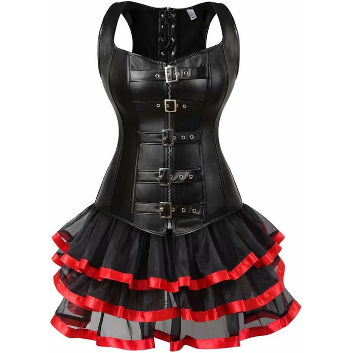 Стеampunk Корсетне плаття з Тюлем для жінок, елегантний бурлескний комплект (XXS, Чорно-червоний)