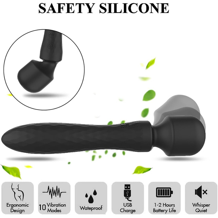 Вібратор JFRong Doppelkopf для дорослих: масажний стрижень з 10 режимами, стимулятор G-точки, тихий, водонепроникний, чорний