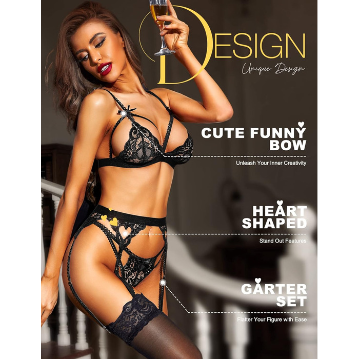 Комплект спідньої білизни RSLOVE для жінок: мереживний тіло, боді, 3 шт., чорний