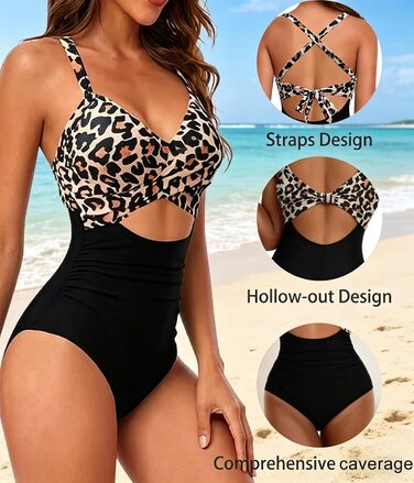 Купальник жіночий спортивний Plus Size, Push-up, з леопардовим принтом, чорний, розмір XL