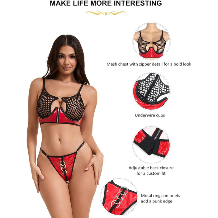Сексуальний комплект нижньої білизни: мереживний бюстгальтер з ремінком та трусики. Бюстгальтер з кісточками, на блискавці, висока талія, лак, прозорий, чорно-червоний, великі розміри S-2XL