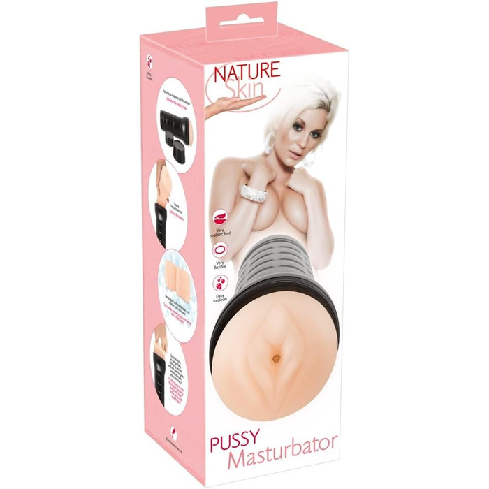 Масажер для чоловіків Nature Skin Pussy - еластичний, з текстурою, у чорному чохлі, відтінок тілесного кольору