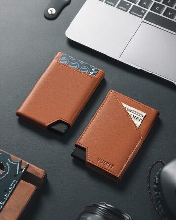 Чоловічий гаманець-картхолдер VULKIT з RFID-захистом, сліма металевий портмоне з висувним механізмом для карток, купюр та монет, коричневий