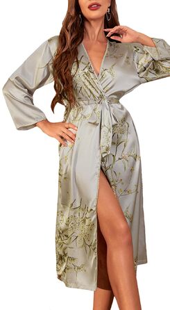 Халат жіночий FEOYA з шовковистого атласу, халат для дому, сексуальний халат з V-подібним вирізом, для вечірки, весілля, сімейного відпочинку (сірий, M)