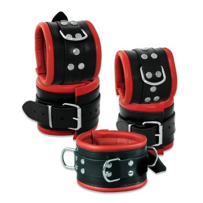 Набір для фіксації Bondage з широкими ремінцями 8 см, шкіра, з м'якою підкладкою (ручні та ножні кайдани + нашийник), червоно-чорний колір, преміум-якість