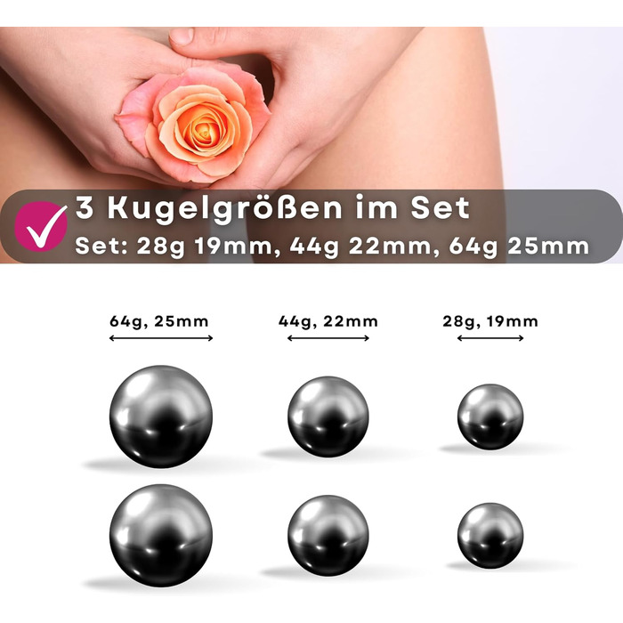 Металеві кульки для тренування тазового дна - набір 3 шт (28г, 44г, 64г) - для жінок