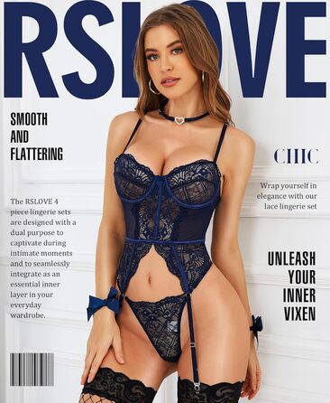 RSLOVE Комплект сексуальної білизни з мережива для жінок - 4-частинний комплект: бюстгальтер з кісточками, стрінги, мереживний халат та ремінець. Білий (L, Морський блакитний)