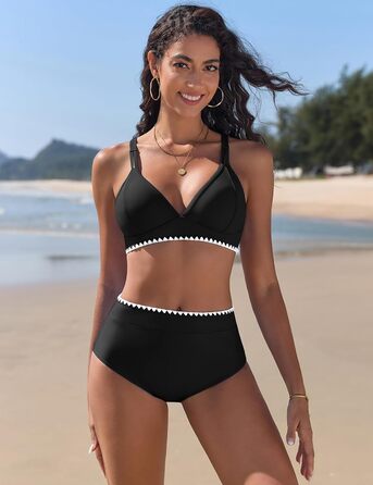 Бікіні жіночий комплект з V-подібним вирізом, двочастинний, з пуш-ап, висока талія, купальник сексуальний з білою мереживом, чорний, розмір S