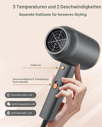 Іонний фен для волосся з дифузором та концентратором 1800W, 7 режимів швидкості та 3 температури, чорний з золотом
