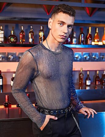 Прозора футболка-сітка Casey Herren з довгим рукавом, мереживна сорочка, мерехтливі сорочки, клубний стиль, A2-блакитний