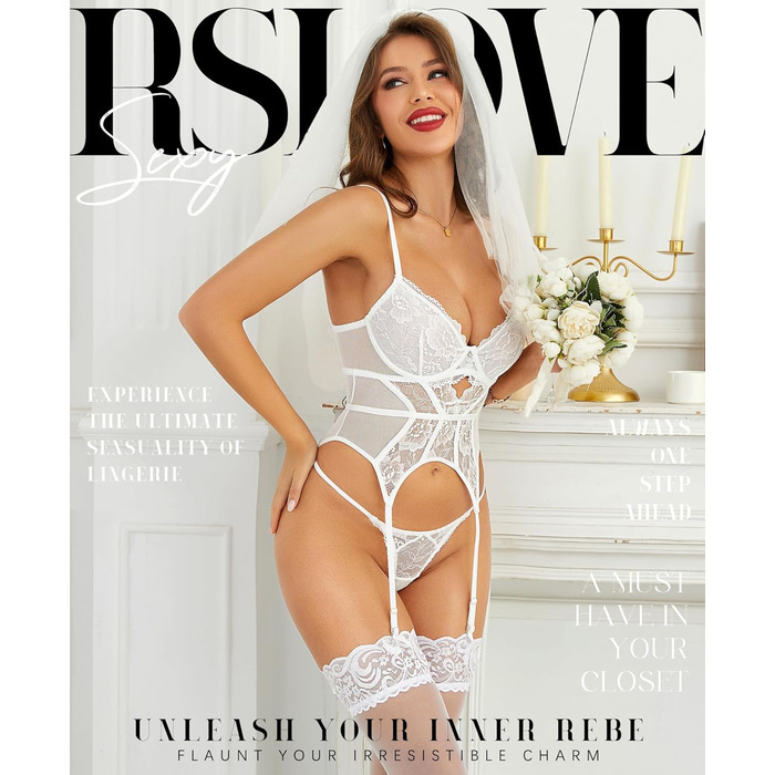 Сексуальний комплект білизни RSLOVE для жінок: мереживний боді-корсет з кісточками, підв'язками та трусиками, білий, розмір XXL