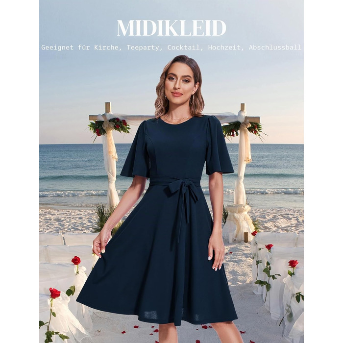 Елегантна коктейльна сукня Bbonlinedress міді з коротким рукавом та поясом, святкова сукня для вечірок та весіль, темно-синя (Navy), L
