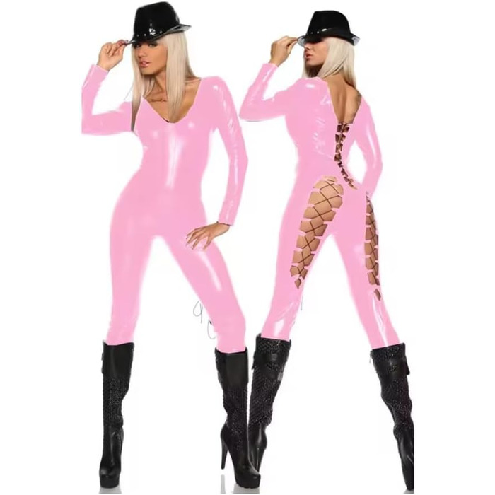 Костюм-комбінезон для котів YGZHANYUANOKU XXL з PU шкіри, глибокий V-подібний виріз, комбінезон, косплей, шнурівка, комбінезон з довгими штанами, штучна шкіра, клубний одяг, рожевий XXL