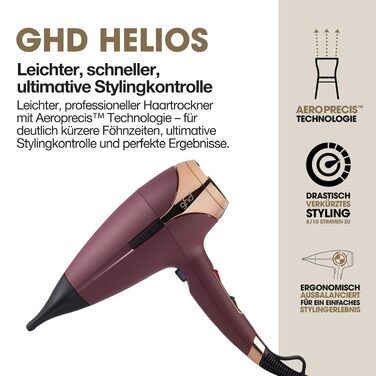 Професійний фен для волосся ghd Helios: швидке сушіння, низький рівень шуму, легка вага, для стілінгу та blowout (колір Bordeaux)