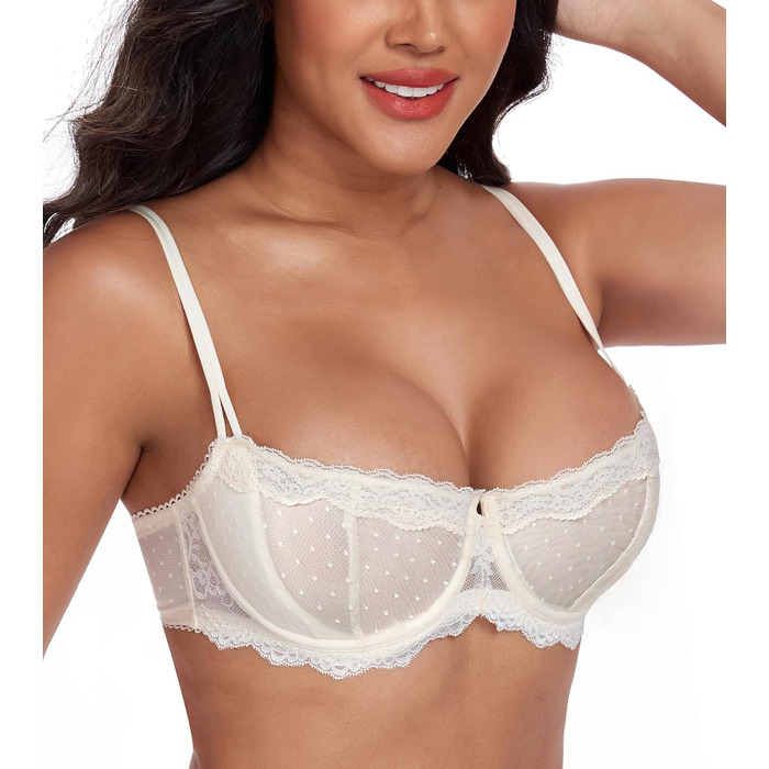 Дизайнерський бюстгальтер Lemorosy для дірндль з кісточками, пуш-ап, мереживо, балконетка, напівчашка, прозорий (75B, бежевий)