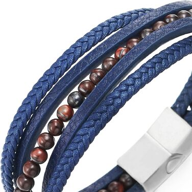 Чоловічий багатошаровий браслет COOLSTEELANDBEYOND із плетеної шкіри та напівдорогоцінних каменів, сталевий магнітний замок (синій/коричневий)