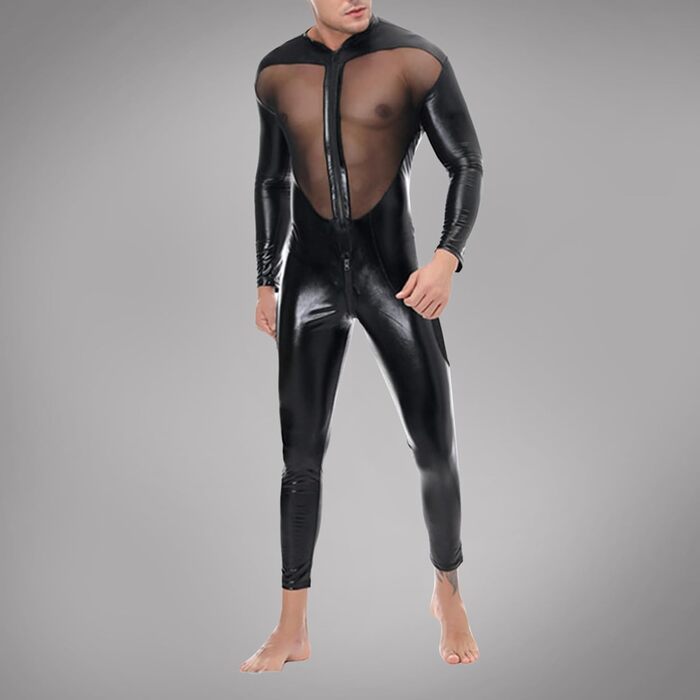Чоловічий комбінезон Celucke з лакової шкіри, боді, джокер, бікіні, танга, спідниця-бандаж, XL, чорний